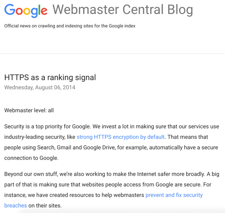 تایید گوگل مبتنی بر اینکه SSL داشتن یک سیگنال برای رتبه بندی است
