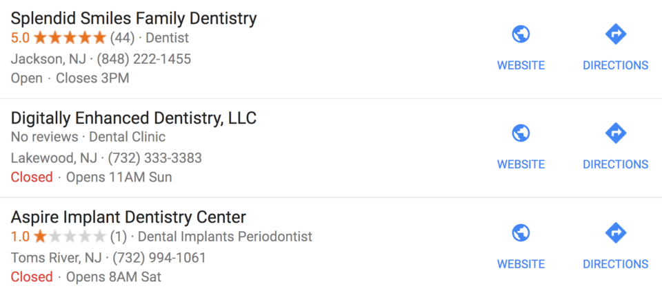 محلی بالاتر از نتایج جستجو که گوگل برای جستجوی محلی برای دندانپزشکی قرار داده است